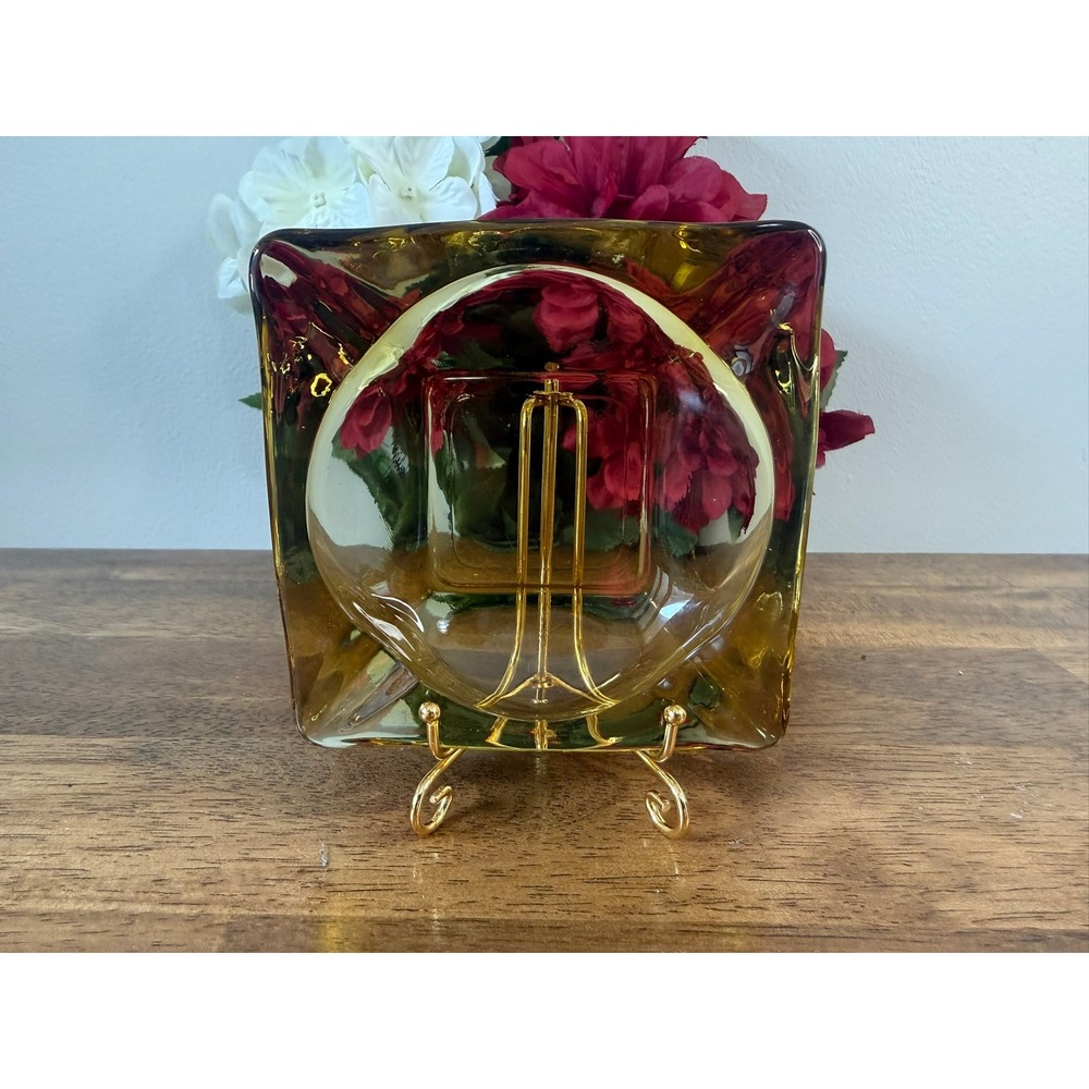 Vintage Amber Glass Square Ashtray Mid Century Modern Tobacco Barware Decor‎